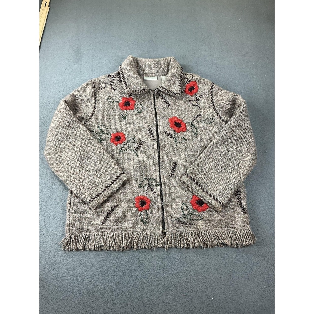 Ivy Sweater Womens L Gray Full Zip Floral Embroidered Fringe Chunky-Knit